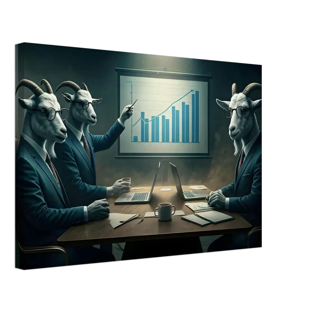 Goat-headed business executives analyzing a chart in PixiOnyx Corporate Dreamscape Canvas