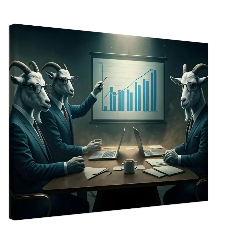 Goat-headed business meeting for Quarterly Goat Earnings Report Canvas on PixiOnyx