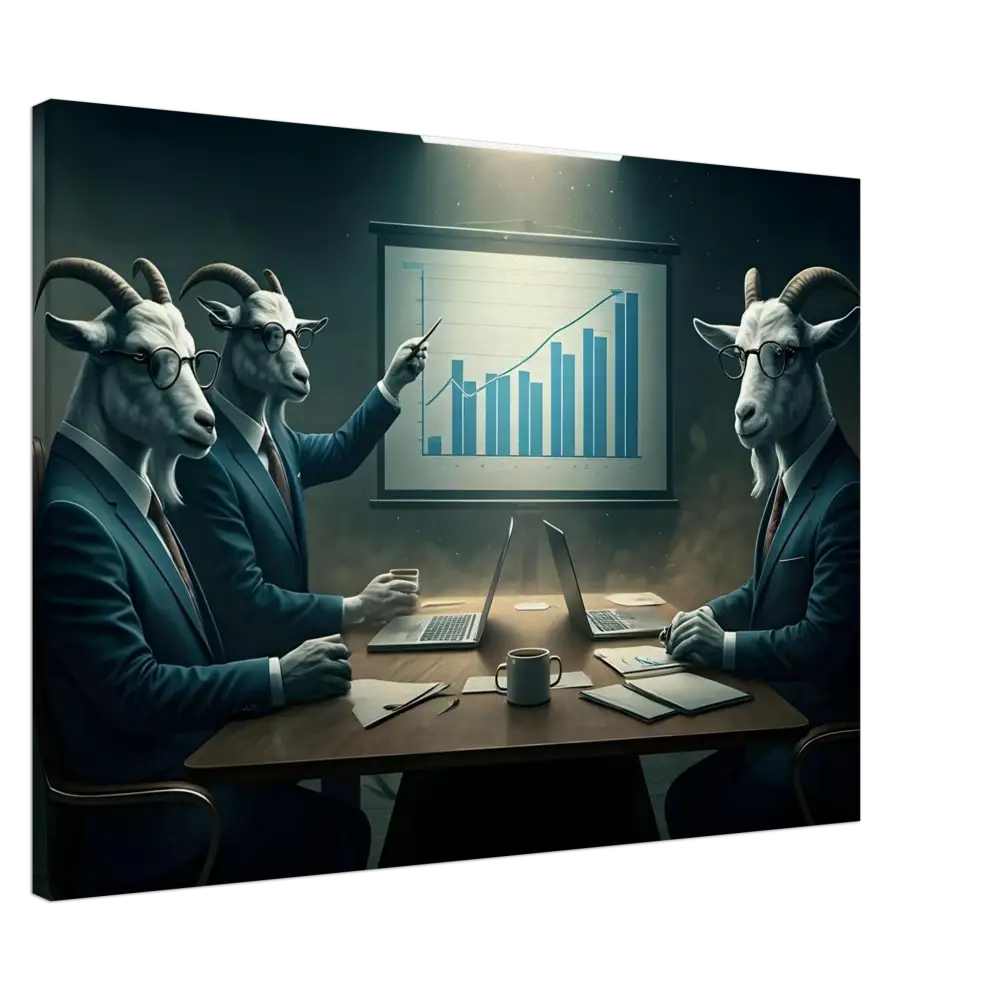Goat-headed business executives discussing in a corporate meeting for Quarterly Goat Earnings Report Canvas