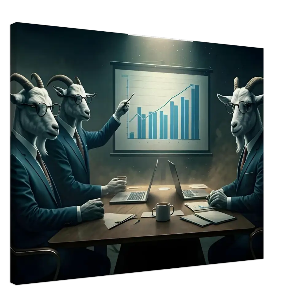 Goat-headed business executives presenting a graph in PixiOnyx Quarterly Goat Earnings Report Canvas
