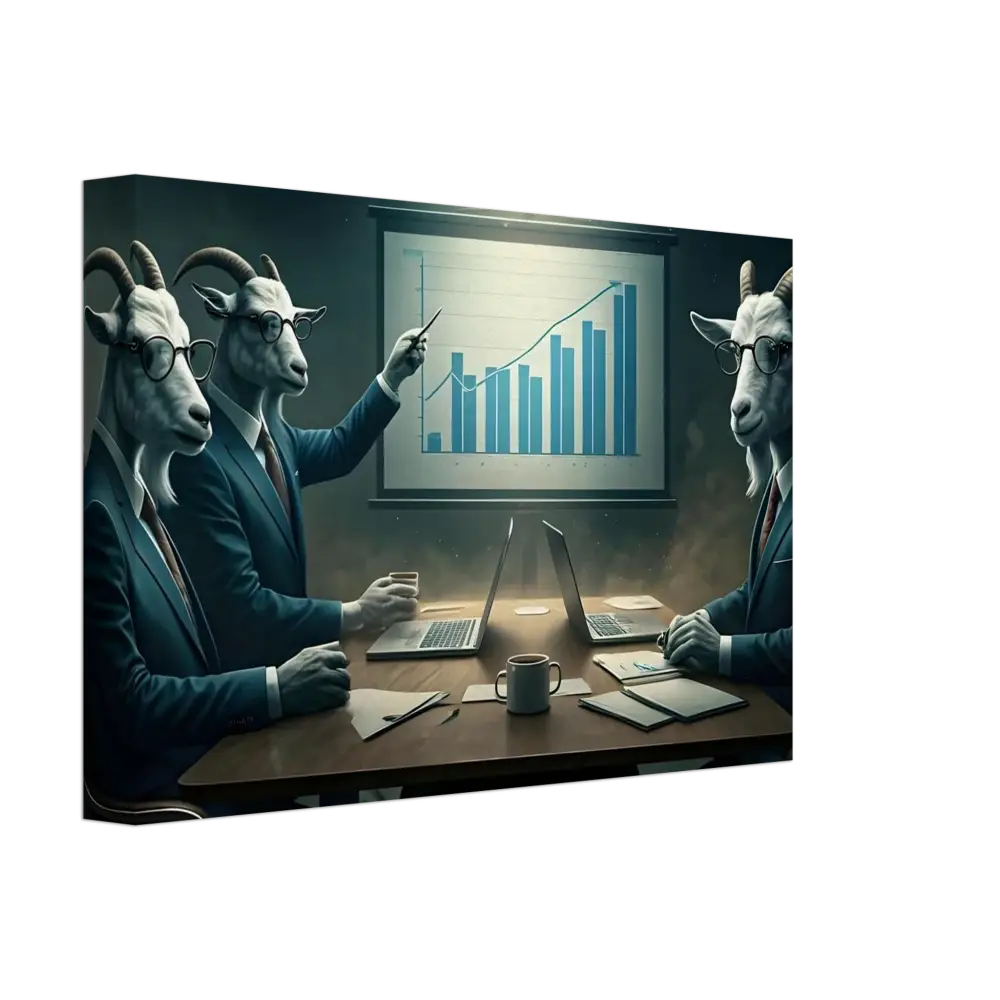 Goat-headed business team analyzing charts in Quarterly Goat Earnings Report Canvas