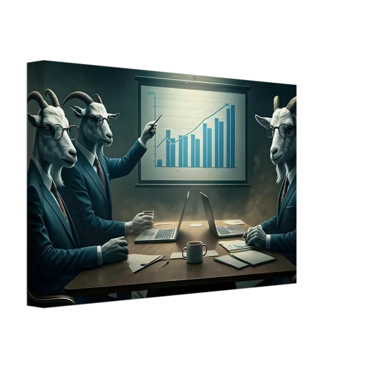 Goat-headed business executives presenting a chart in PixiOnyx Corporate Dreamscape Canvas