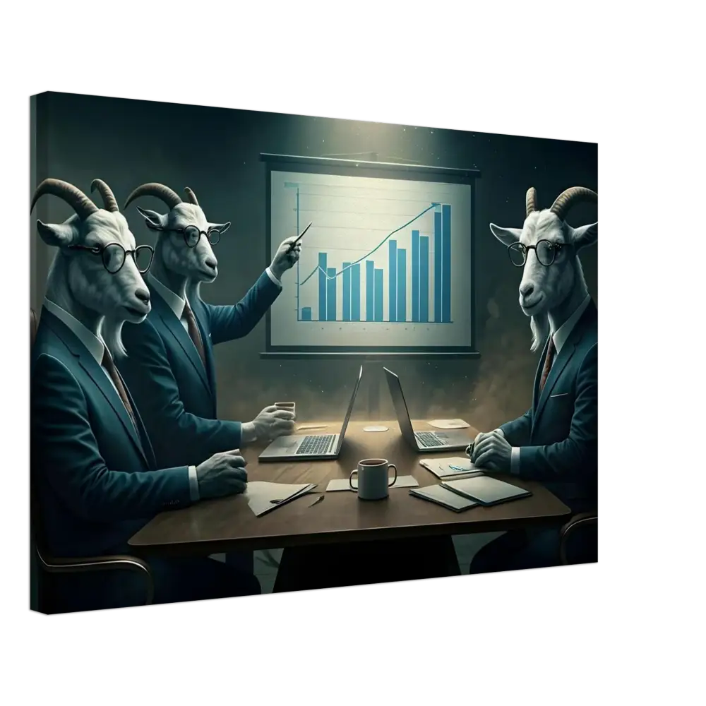 Goat-headed business team reviewing Quarterly Goat Earnings Report on Canvas by PixiOnyx