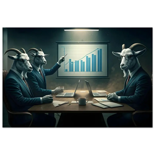 Goat-headed business executives discussing the Quarterly Goat Earnings Report art poster