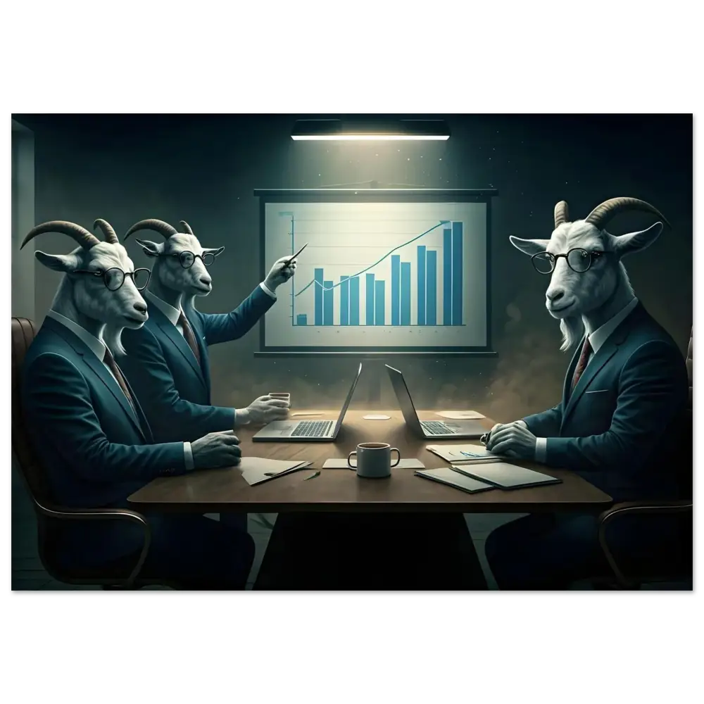 Surreal art poster of goat-headed business executives in a meeting for Quarterly Goat Earnings Report