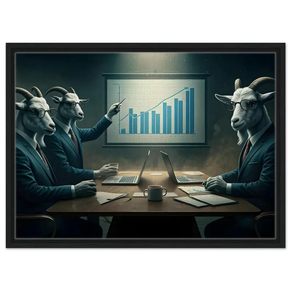 Goat-headed business executives analyzing charts on framed Canvas in Quarterly Goat Earnings Report