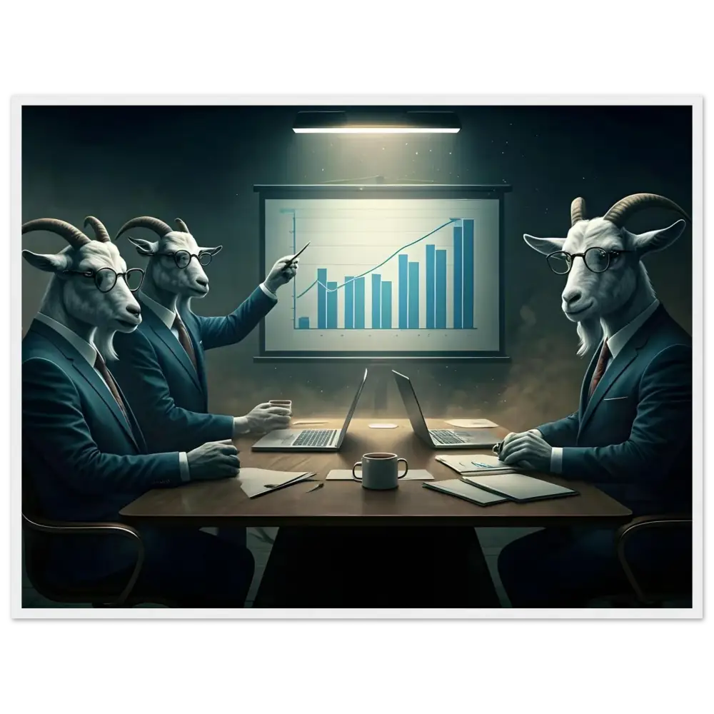 Goat-headed business executives analyzing a chart in PixiOnyx framed wall art