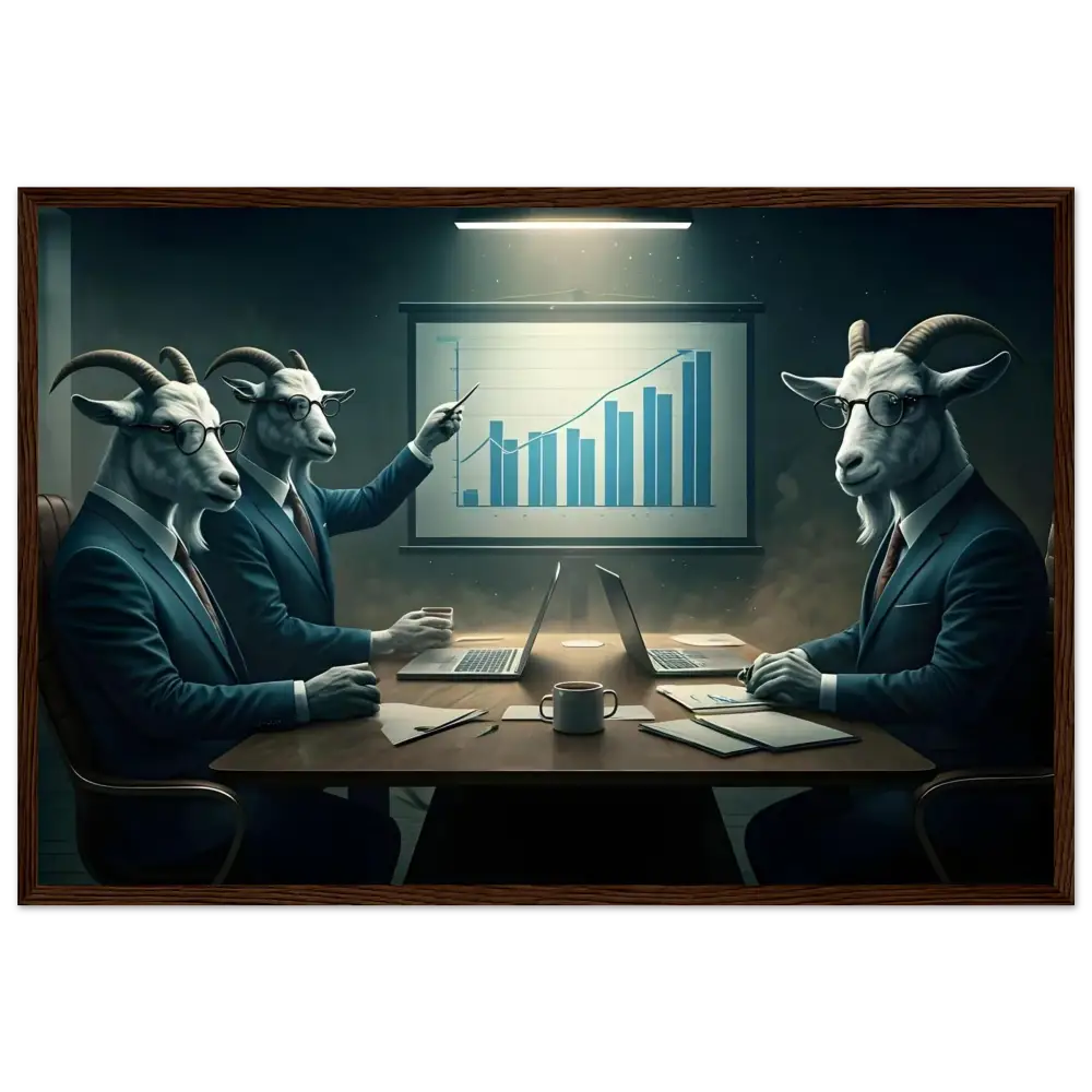 Goat-headed business executives on framed Quarterly Goat Earnings Report poster