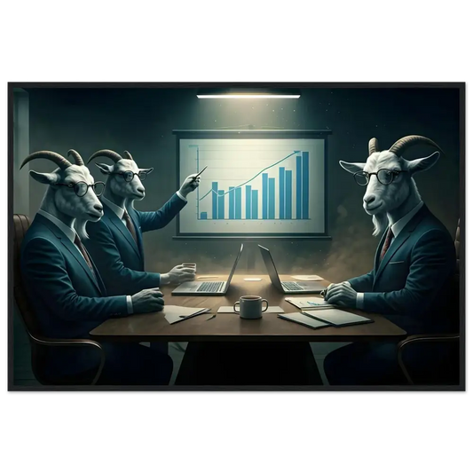 Goat-headed business executives at a meeting on framed Quarterly Goat Earnings Report poster