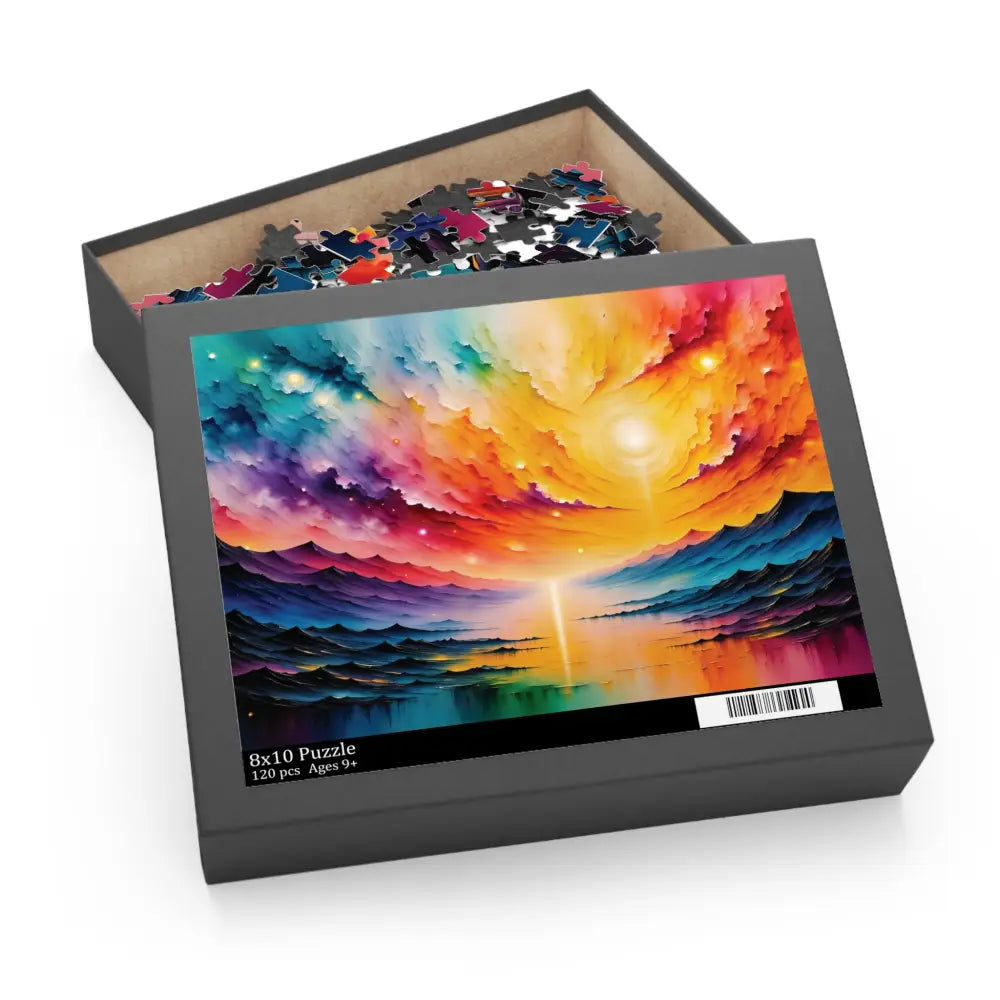 Open Radiant Horizon Puzzle box with colorful abstract landscape and loose pieces
