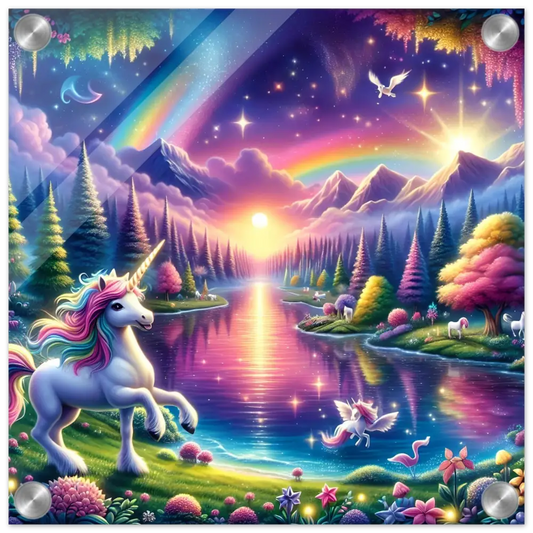 Whimsical unicorn fantasy landscape displayed on Rainbow Unicorn Dreamscape acrylic wall art
