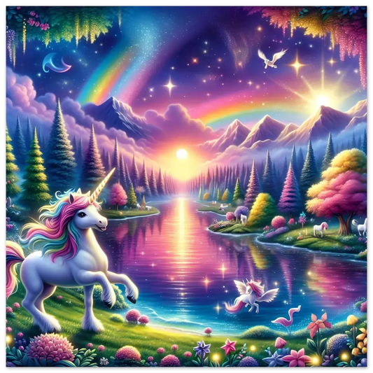 Whimsical unicorn fantasy landscape as aluminum wall art in Rainbow Unicorn Dreamscape PixiOnyx Exclusive