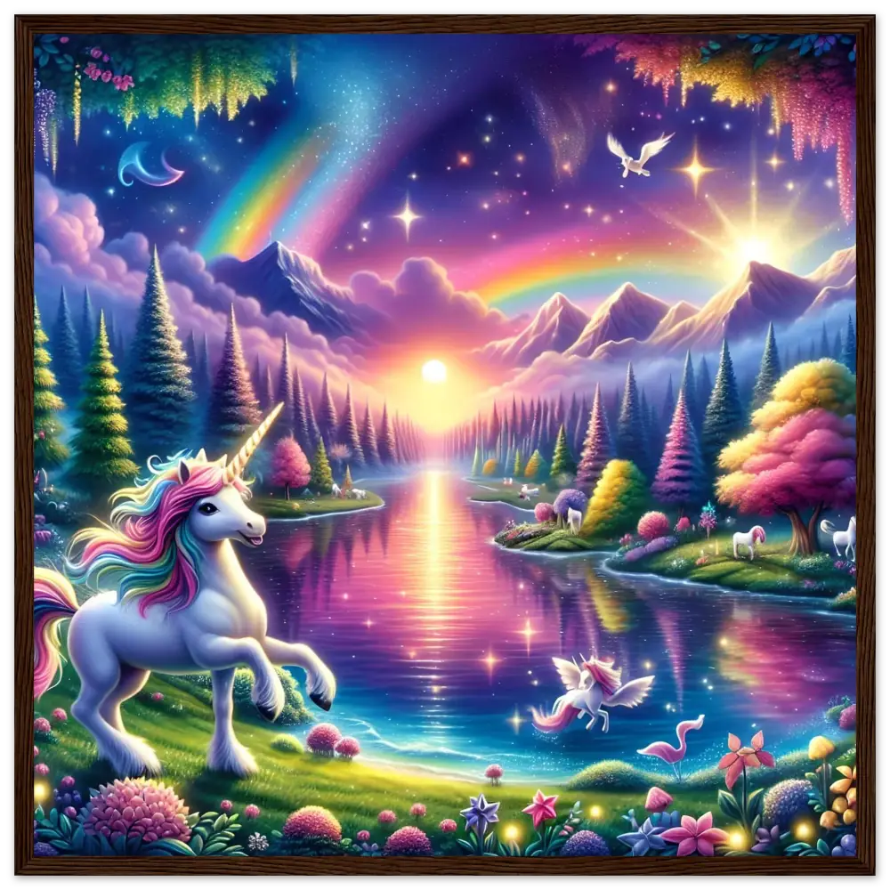 Magical unicorn landscape from Rainbow Unicorn Forest Framed Semi-Glossy Poster