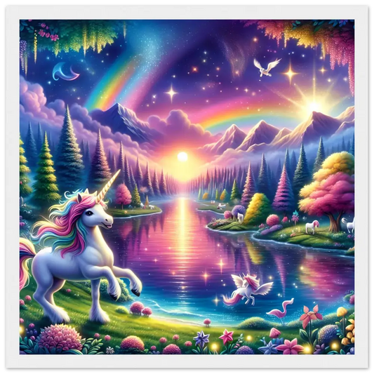 Fantasy unicorn landscape poster featuring a magical rainbow unicorn scene in vibrant colors