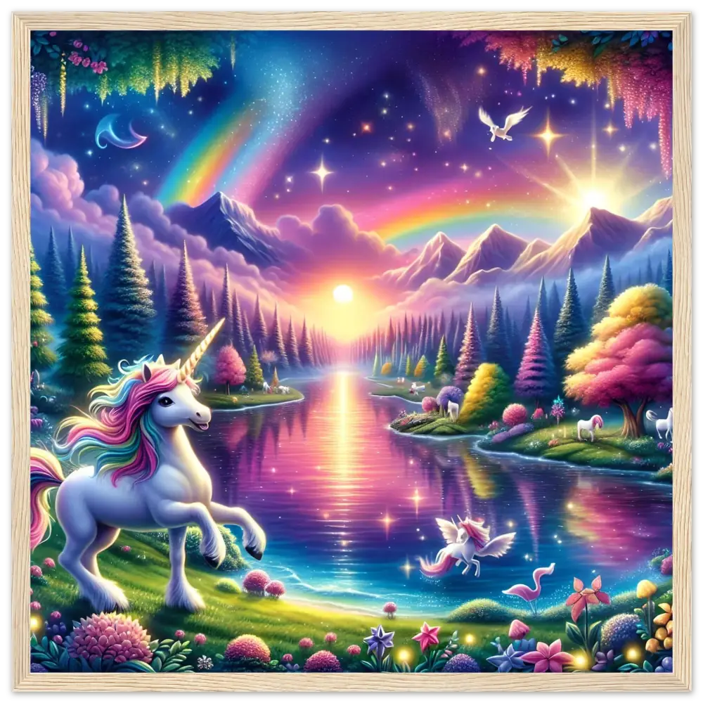 Fantasy unicorn landscape featured in Rainbow Unicorn Forest framed semi-glossy poster