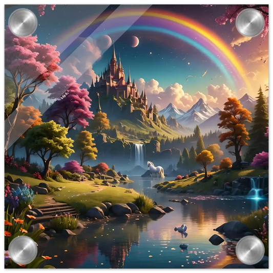 Fantasy castle landscape with rainbow displayed on Realm of the Rainbow Crown acrylic art print