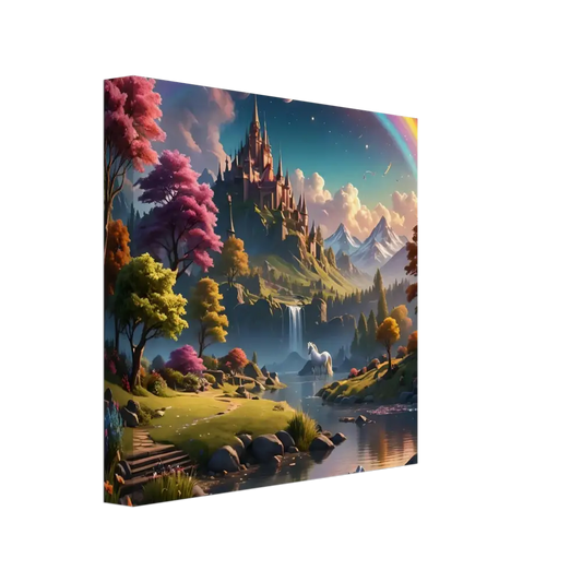 Fantasy castle landscape painting display for Realm of the Rainbow Crown PixiOnyx canvas print