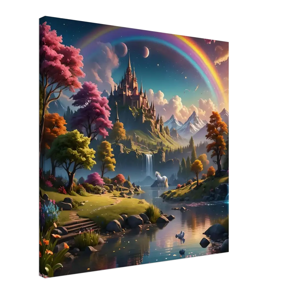 Whimsical fantasy landscape painting on a canvas print titled Realm of the Rainbow Crown by PixiOnyx