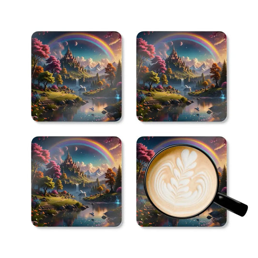 Set of four fantasy-themed coasters from Realm of the Rainbow Crown fantasy coaster set