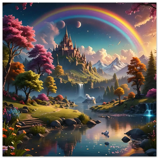 Fantasy castle landscape with rainbow featured on Realm of the Rainbow Crown Fine Art Fantasy Poster