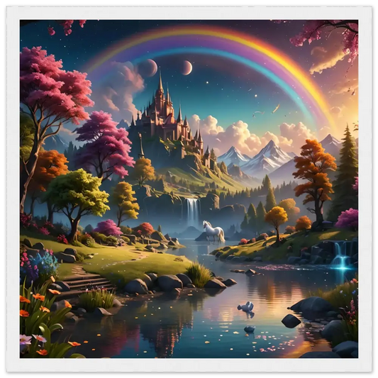 Whimsical fantasy landscape with castle and rainbow for Realm of the Rainbow Crown poster