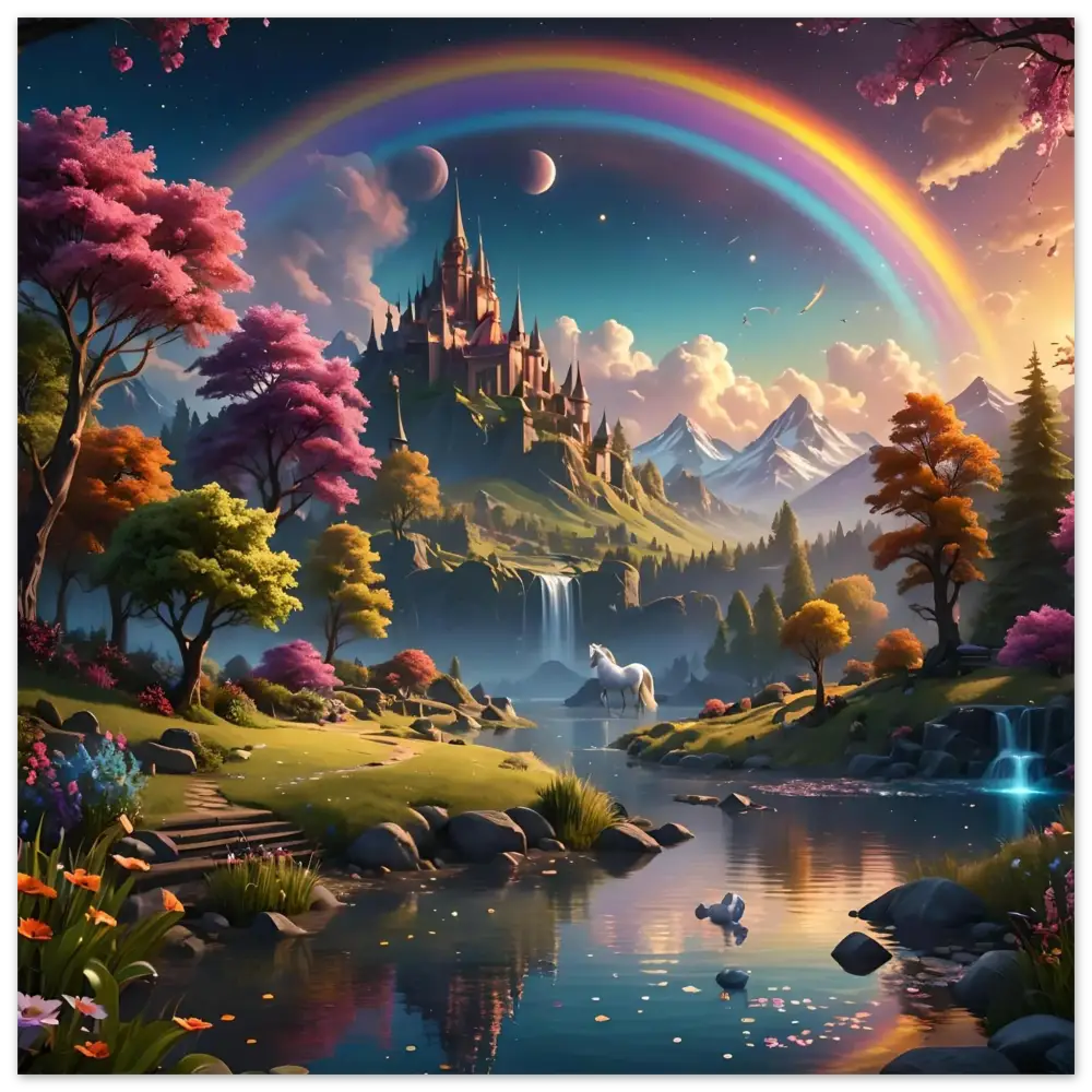 Fantasy castle landscape with rainbow on PixiOnyx Realm of the Rainbow Crown metal print