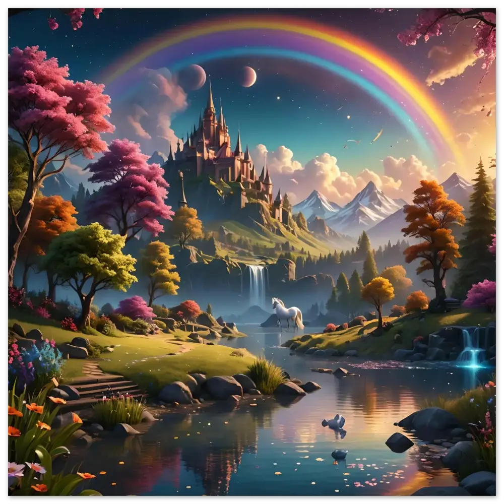 Fantasy castle landscape with rainbow on Glossy Fantasy Metal Print in Realm of the Rainbow Crown