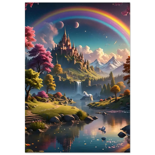 Whimsical fantasy landscape with castle and rainbow for Realm of the Rainbow Crown print