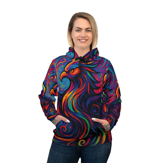 Colorful phoenix hoodie with neon flames and psychedelic swirl design from PixiOnyx