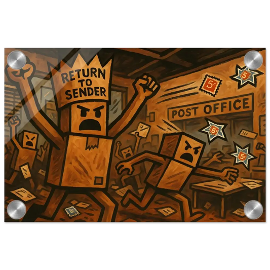 Box-headed characters in a post office riot depicted on Return to Sender Acrylic Print PixiOnyx