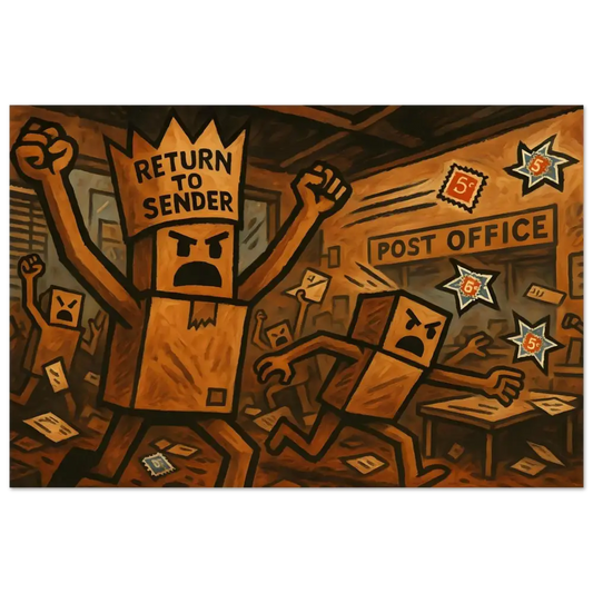 Angry cardboard box rebellion artwork on Return to Sender Aluminum Print PixiOnyx Gloss Metal Riot Panel