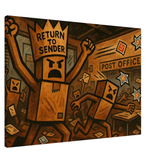 Cartoonish post office riot scene from Return to Sender Canvas by PixiOnyx Gallery