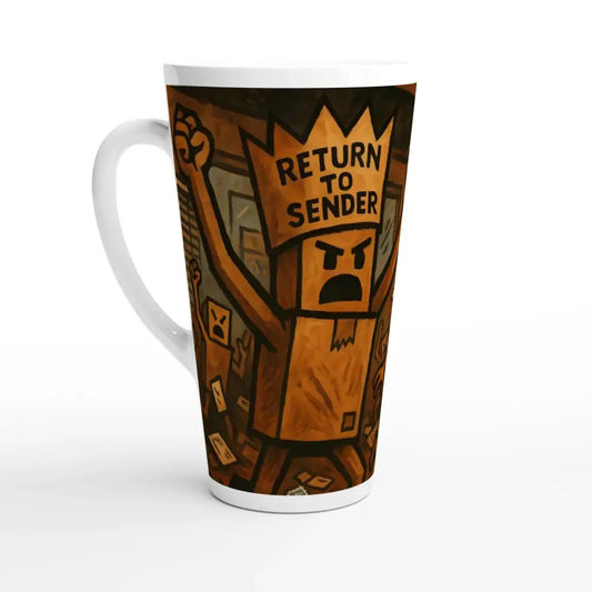 Latte mug with Return to Sender box character from Stamp Revolt PixiOnyx 17oz Tall Riot Mug