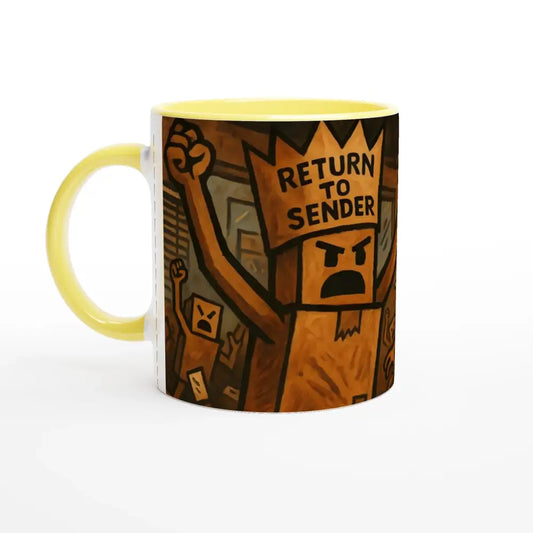 Yellow-handled mug featuring cartoonish box-headed figures from Return to Sender Mug PixiOnyx