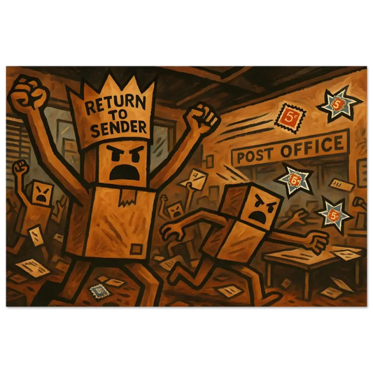 Cartoonish postal riot scene from Return to Sender Uprising Poster by PixiOnyx
