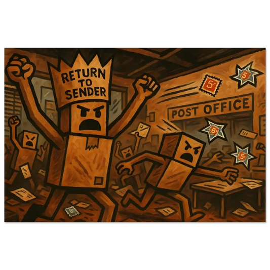 Angry box people riot scene on Return to Sender Wood Print Box Rebellion PixiOnyx