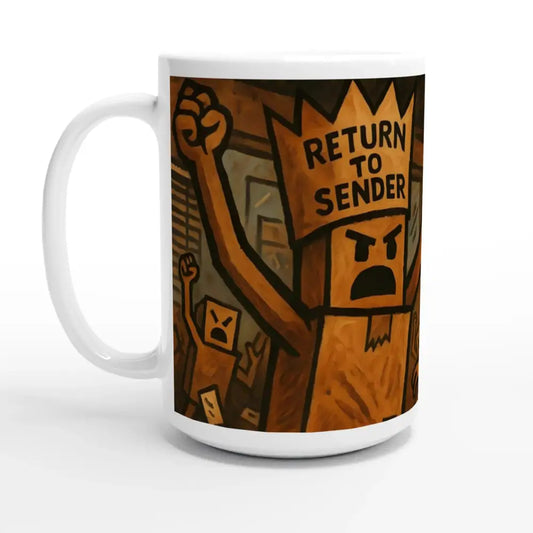 White ceramic Return to Sender XL Mug with Postal Riot design by Box Revolt Brew