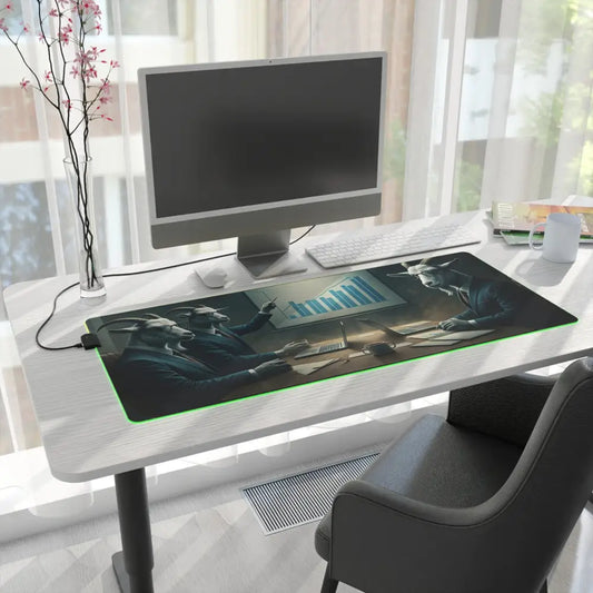 Illuminated desk mat with bull symbol depicting a business scene for RGB Gaming Desk Mat