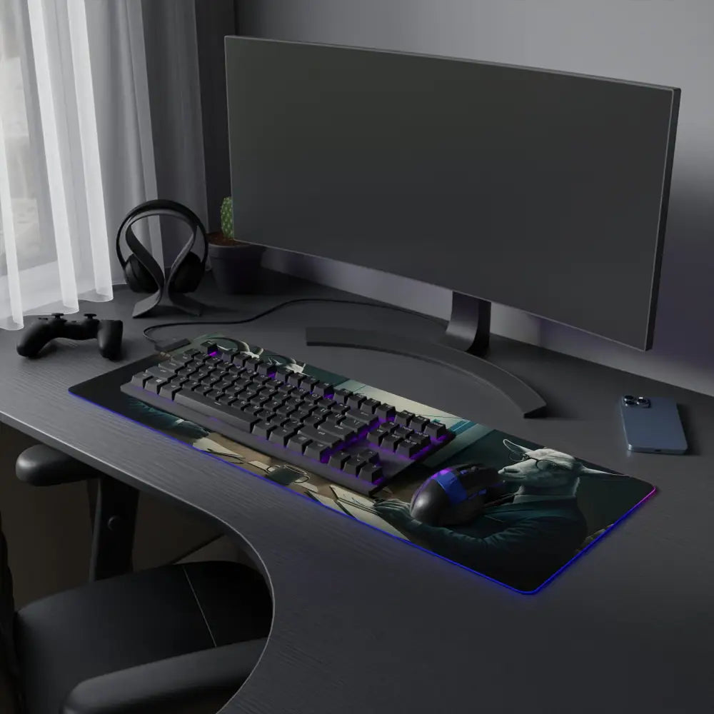 RGB Gaming Desk Mat showcasing a gaming desk setup and quarterly earnings report