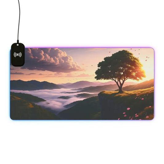 Illuminated wireless charging mousepad featuring landscape art from PixiOnyx Dreamscape Vibe