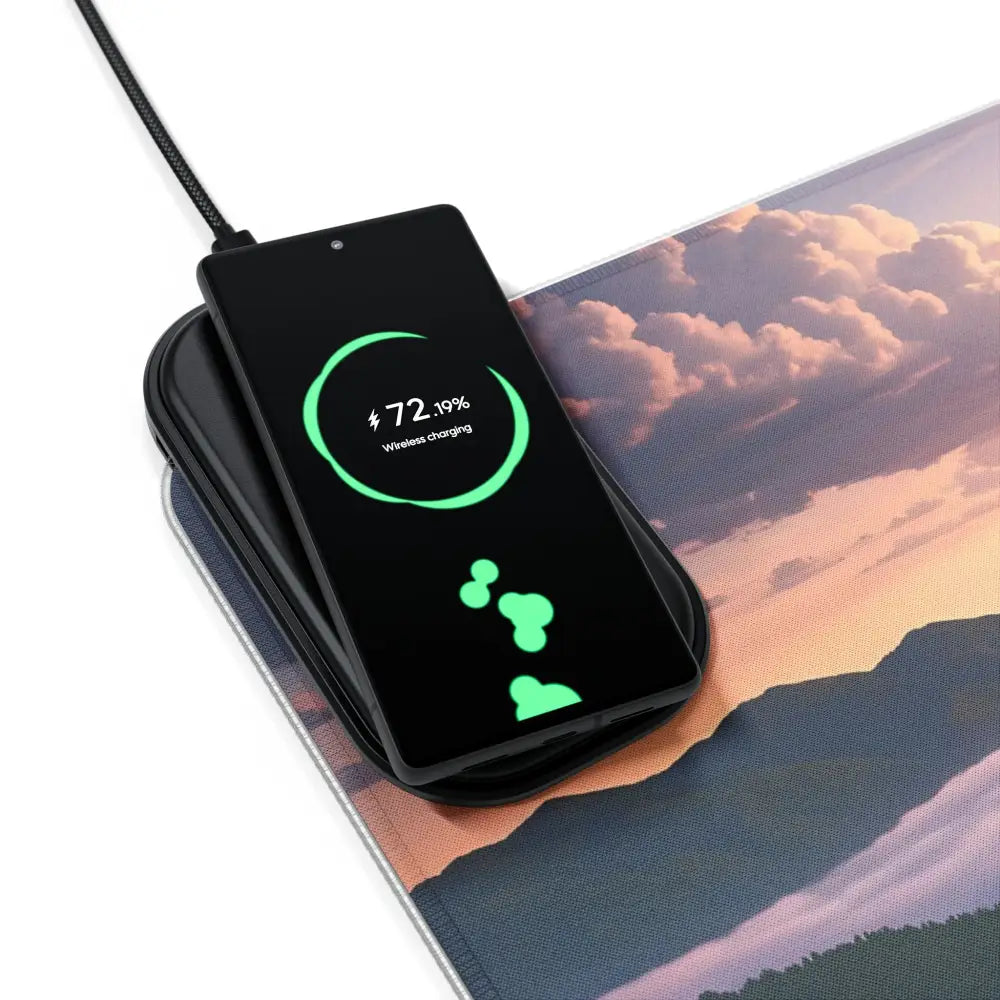 Black smartphone wirelessly charging on RGB Wireless Charging Mousepad The Edge of Dawn