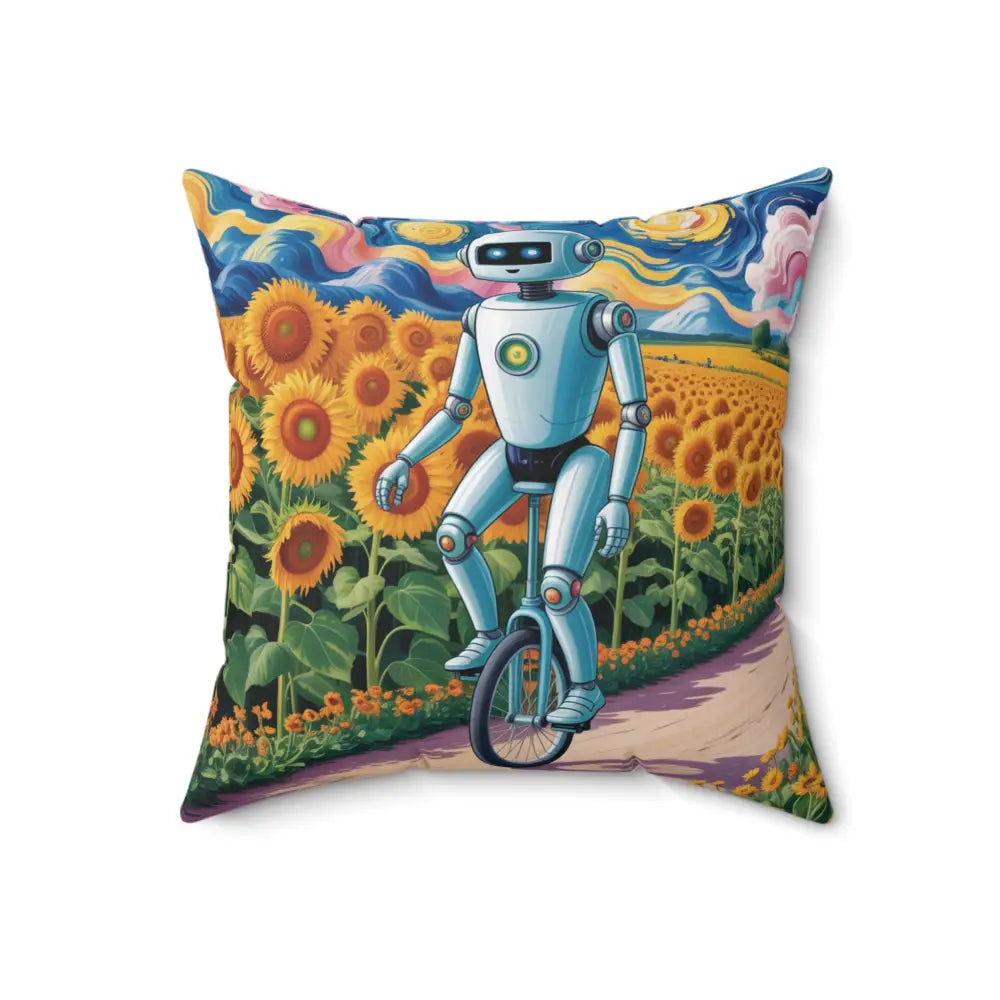 Decorative pillow cover with whimsical robot on unicycle in sunflower field for home decor