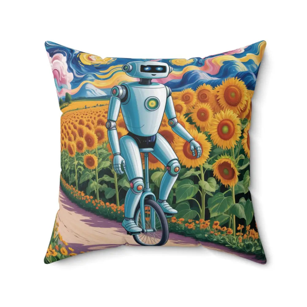 Decorative pillow cover featuring whimsical robot on unicycle in sunflower field for home decor