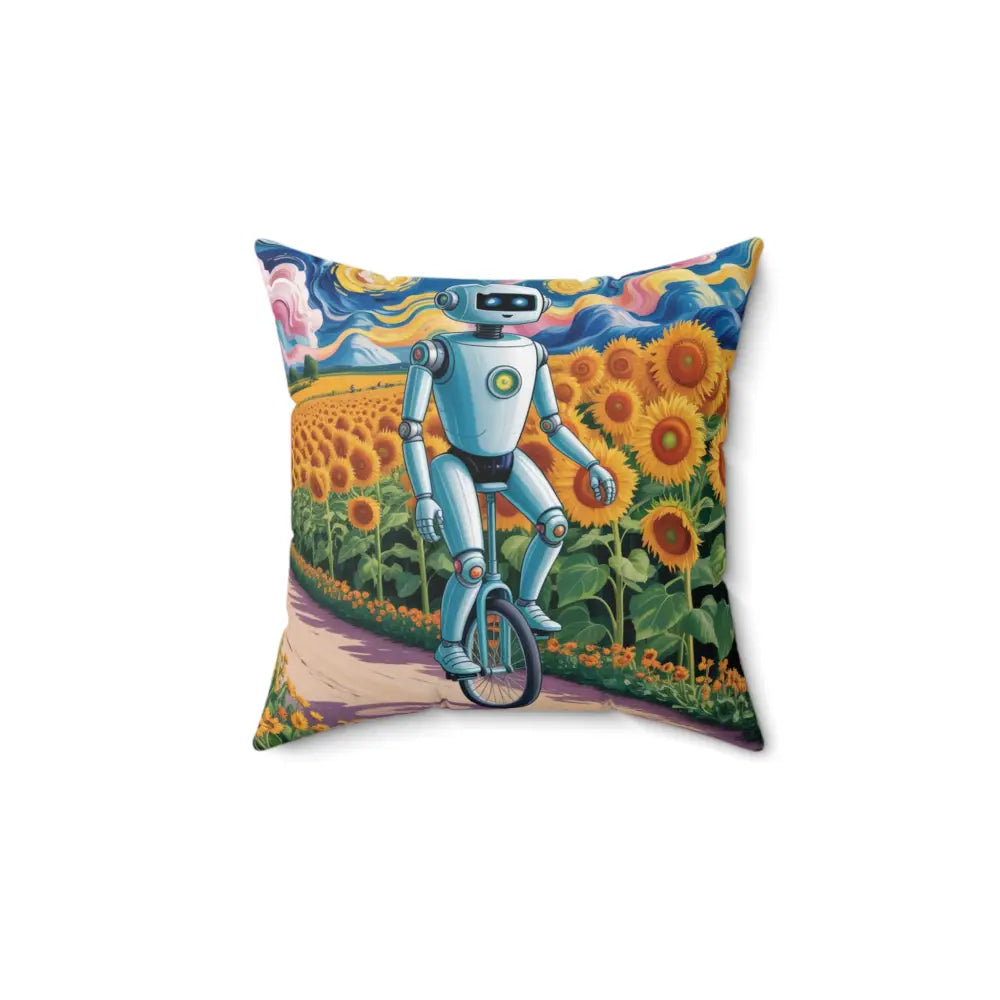 Robot Sunflower Pillow Cover, vibrant home decor cushion for tech lovers and easy care