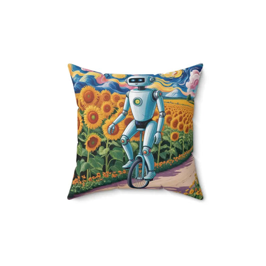 Square robot sunflower pillow cover, vibrant home decor cushion, easy care instructions