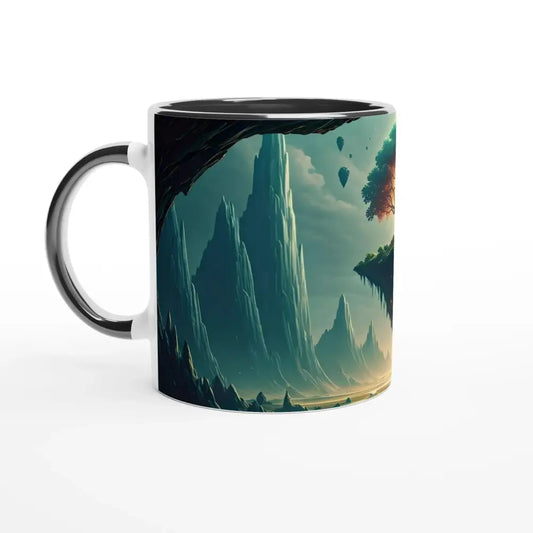 Black and white Sanctuary of the Skyroot mug with fantasy landscape and colorful interior