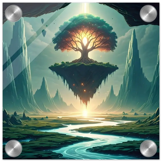 Floating tree island displayed on Sanctuary of the Skyroot Acrylic Print PixiOnyx Crystal-Clear Edition