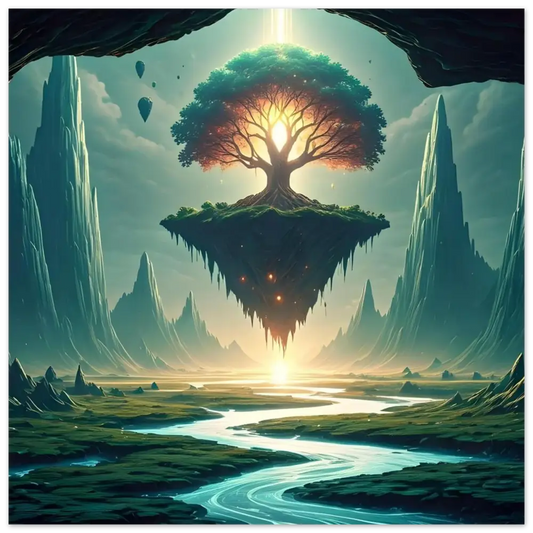 Floating tree island aluminum print artwork from Sanctuary of the Skyroot by PixiOnyx