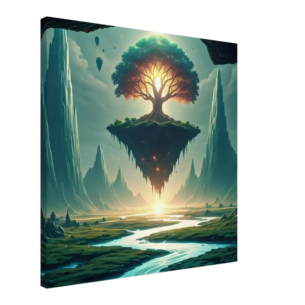 Fantasy landscape canvas art displayed on Sanctuary of the Skyroot – Canvas PixiOnyx Floating Realm Series