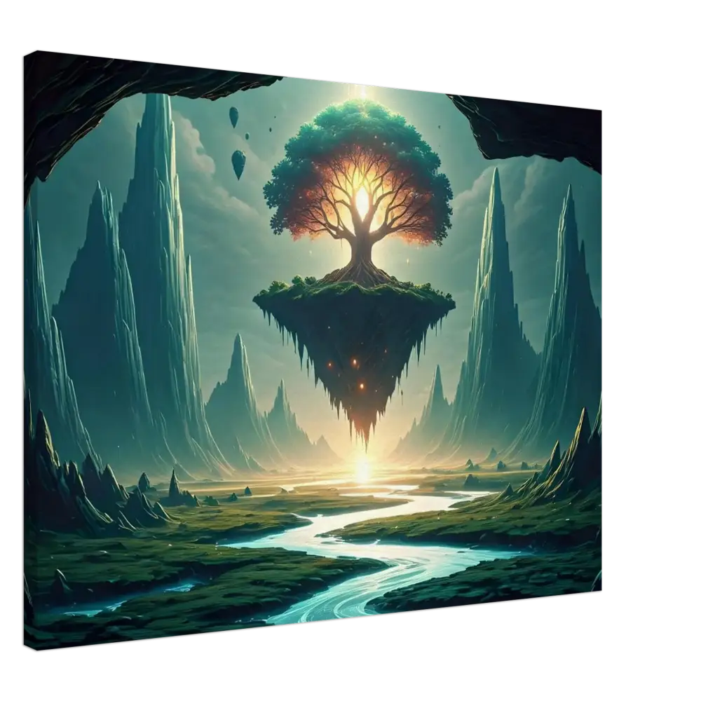 Floating island with radiant tree in Sanctuary of the Skyroot Canvas from PixiOnyx Floating Realm Series